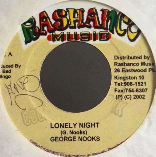 George Nooks - Lonely Night - VG+ 7" Single 45RPM 2002 Rashanco Jamaica - Reggae / Dancehall - Shuga Records