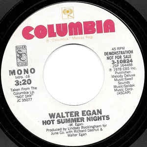 Walter Egan - Hot Summer Nights - VG+ 7" Single 45RPM 1978 Columbia USA - Rock