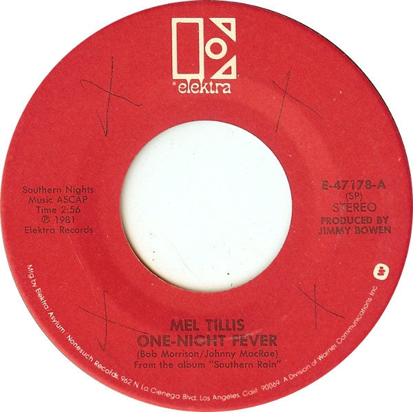 Mel Tillis ‎– One-Night Fever / Time Has Treated You Well VG+ 7" Single 45rpm 1981 Elektra USA - Country