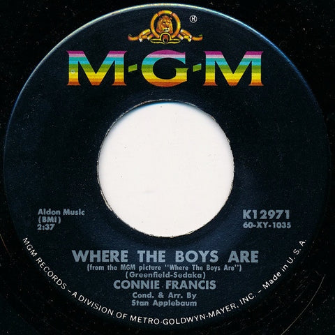 Connie Francis- Where The Boys Are / No One- VG+ 7" Single 45RPM- 1960 MGM USA- Rock/Stage&Screen