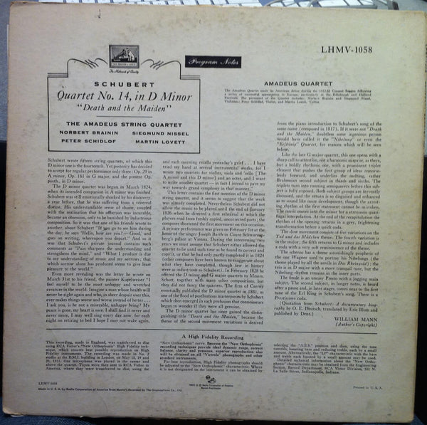 Amadeus Quartet - Schubert Death & Maiden LP VG+ LHMV 1058 Vinyl 1954 Record - Shuga Records