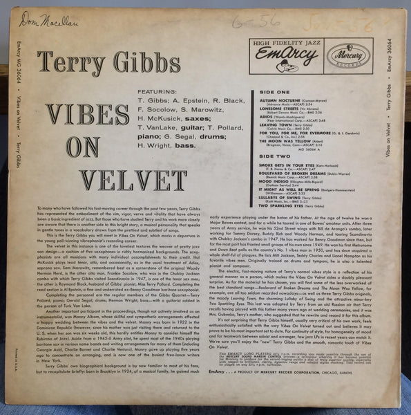 Terry Gibbs - Vibes On Velvet - VG+ (VG cover) LP Record 1956 EmArcy USA Mono Original Vinyl - Jazz / Bop - Shuga Records