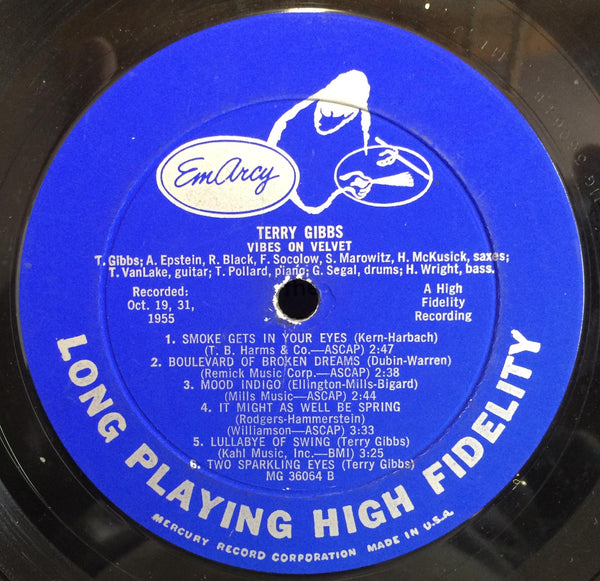 Terry Gibbs - Vibes On Velvet - VG+ (VG cover) LP Record 1956 EmArcy USA Mono Original Vinyl - Jazz / Bop - Shuga Records