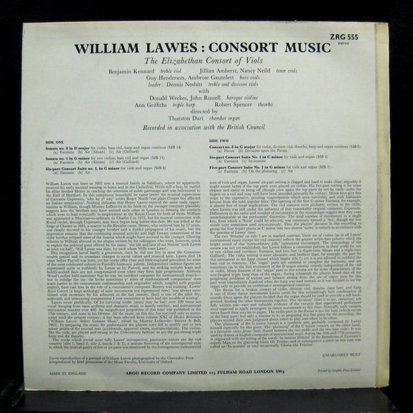 ELIZABETHAN CONSORT lawes consort music LP Mint- ZRG 555 Argo 1968 Oval UK - Shuga Records