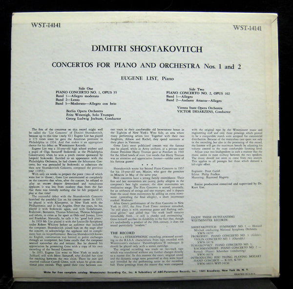 EUGENE LIST shostakovich piano concerto no 1/2 VG+ WST 14141 Westminster Stereo - Shuga Records