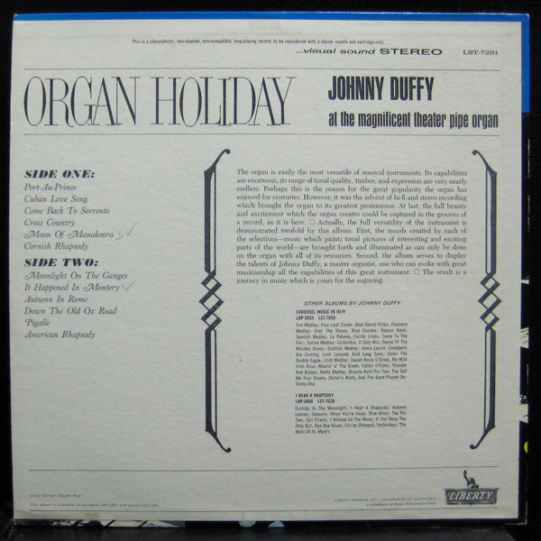 Johnny Duffy-  Organ Holiday LP Mint- LST-7281 Vinyl 1963 Record - Shuga Records
