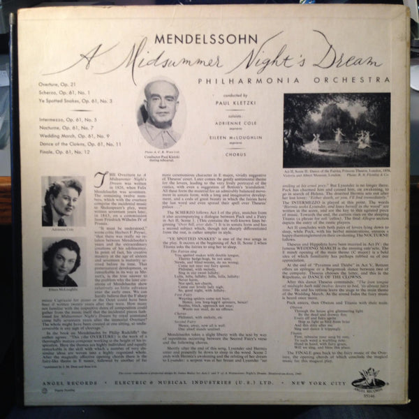 KLETZKI mendelssohn a midsummer night's dream LP VG+ ANG 35146 Angel UK Mono 50s - Shuga Records