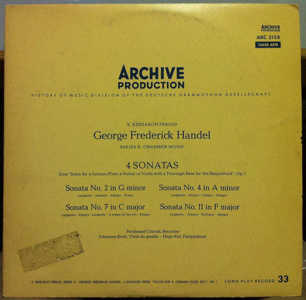 Ferdinand Conrad - Handel 4 Sonatas LP VG+ ARC 3158 German Archive 1960 Record - Shuga Records
