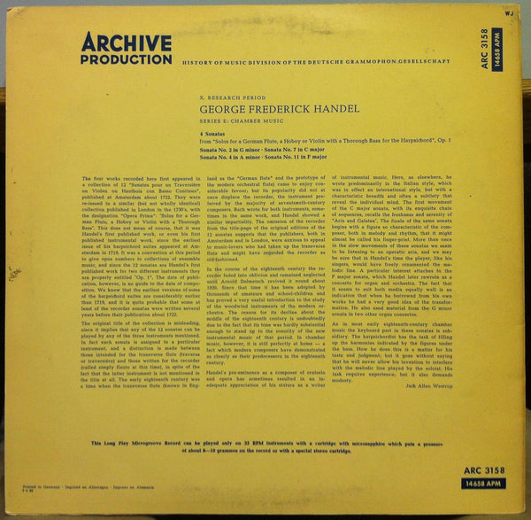 Ferdinand Conrad - Handel 4 Sonatas LP VG+ ARC 3158 German Archive 1960 Record - Shuga Records