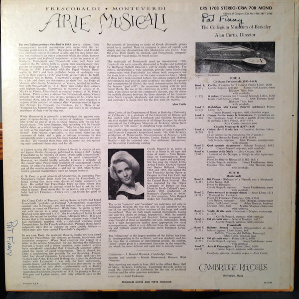 Alan Curtis - Arie Musicali Frescobaldi/Monteverdi LP VG+ CRS 1708 Cambridge '66 - Shuga Records