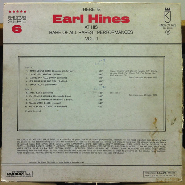 Earl Hines - At His Rare Of All Rarest Performances Vol 1 LP VG+ KLJ-20006 Italy - Shuga Records