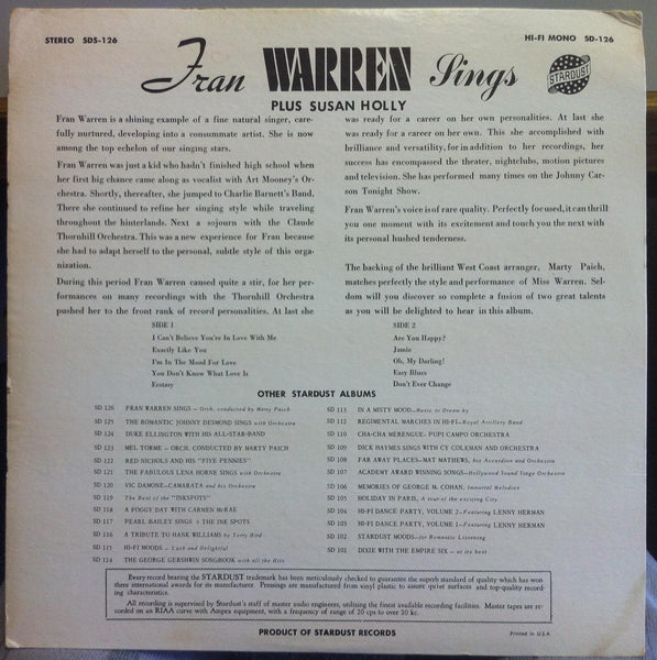 Fran Warren & Marty Paich - Sings LP VG+ SD 126 Vinyl 1960 Mono Record 1st - Shuga Records