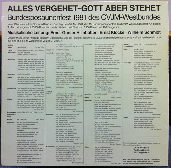 Alles Vergehet Gott Aber Stehet - Bundesposaunenfest 1981 LP Mint- A 6212 German - Shuga Records