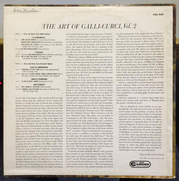 AMELITA GALLI-CURCI the art of LP Mint- CAL 525 Camden USA Mono 1959 Tito Schipa - Shuga Records