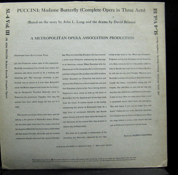 MAX RUDOLF puccini madame butterfly vol. 3 LP VG ML 4224 Mono Steinweiss Art - Shuga Records