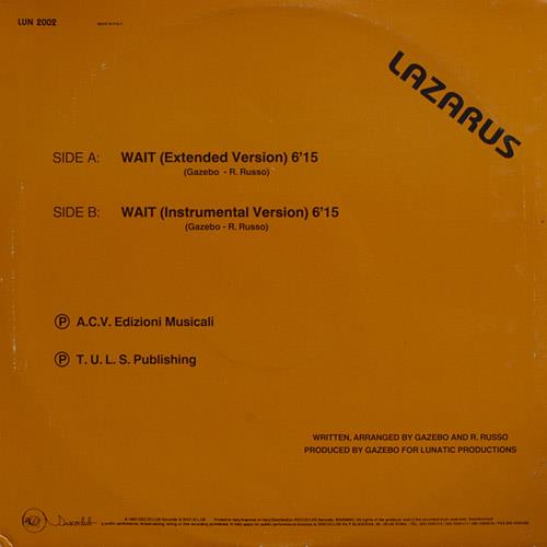 LAZARUS wait 12"  Mint- LUN 2002 Vinyl 1989 Record - Shuga Records
