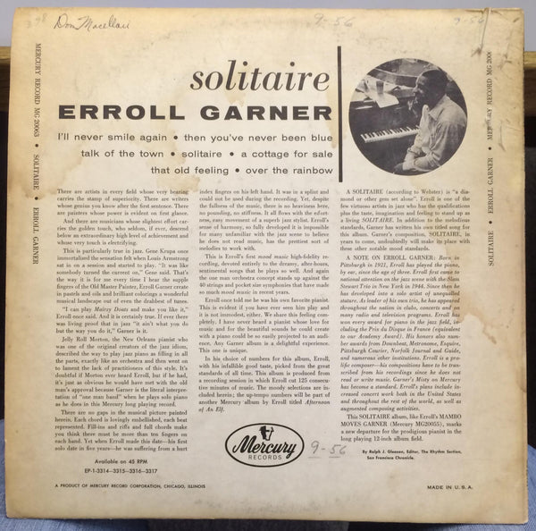 ERROLL GARNER solitaire LP Mint- MG-20063 Mercury 1955 Mono USA Original Jazz - Shuga Records