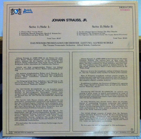 Alfred Scholz - Strauss Jr Various LP VG+ DK 214 Vinyl 1978 Rare Private - Shuga Records