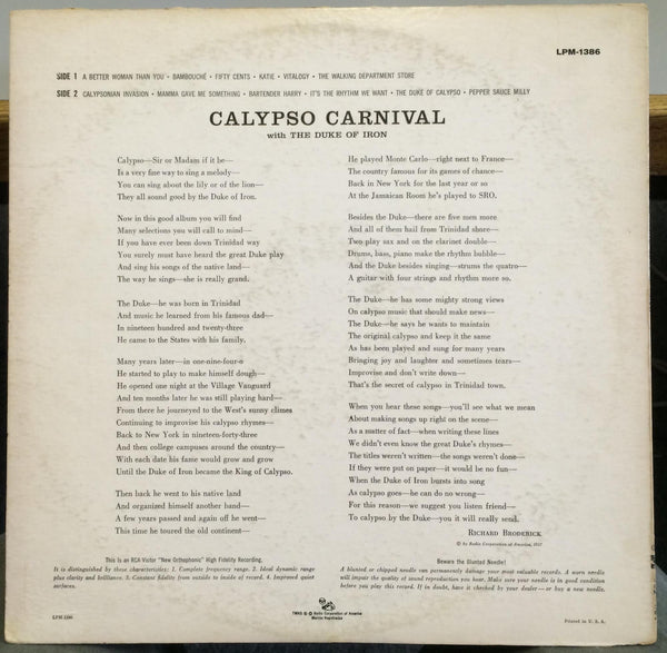 The Duke Of Iron - Calypso Carnival - VG+ LP Record 1957 RCA Victor Vinyl - Reggae / Calypso - Shuga Records