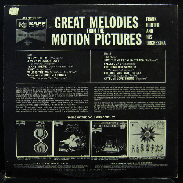 Frank Hunter - Great Melodies From The Motion Pictures LP Mint- KL-1099 Mono - Shuga Records