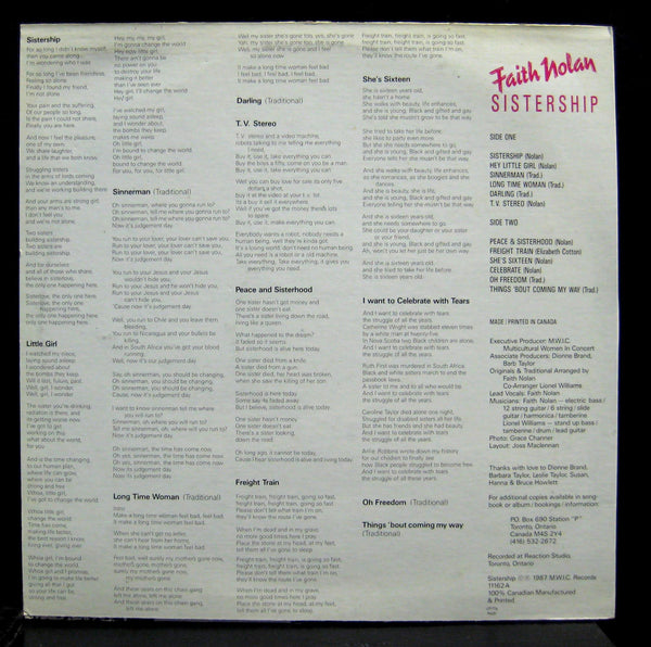 Faith Nolan - Sistership LP VG+ MWIC-11162 Private Folk Vinyl Record Canada - Shuga Records