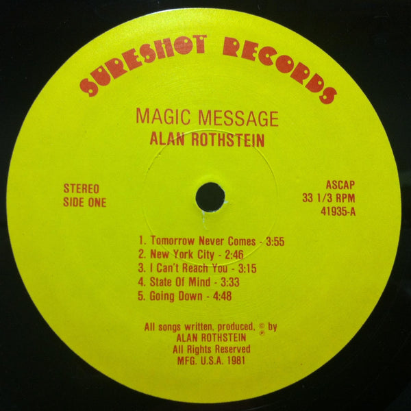 Alan Rothstein - Magic Message - VG+ LP Record 1981 Sureshot Private USA Vinyl - Alternative Rock / Folk Rock / Country Rock - Shuga Records