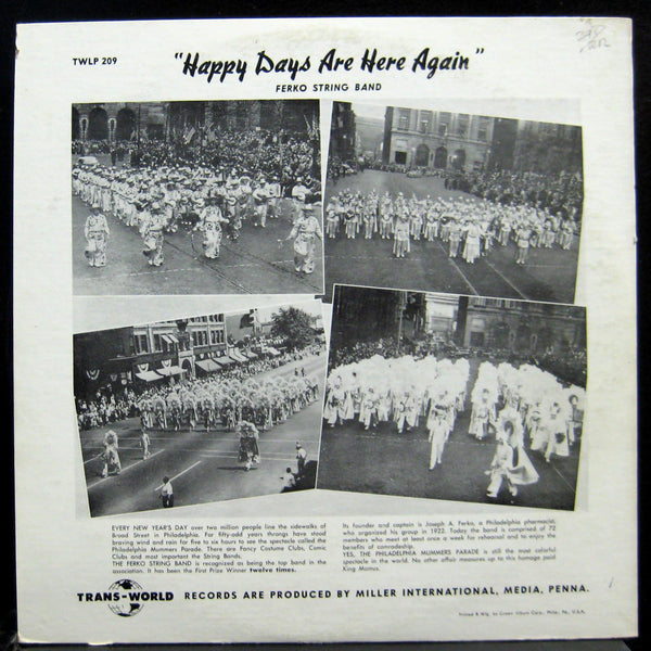 FERKO STRING BAND happy days are here again LP VG+ TWLP 209 Mono Vinyl Record - Shuga Records