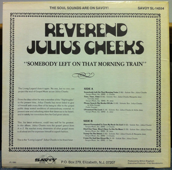 Julius Cheeks - Somebody Left On That Morning Train LP VG+ SL-14554 Savoy 1980 - Shuga Records