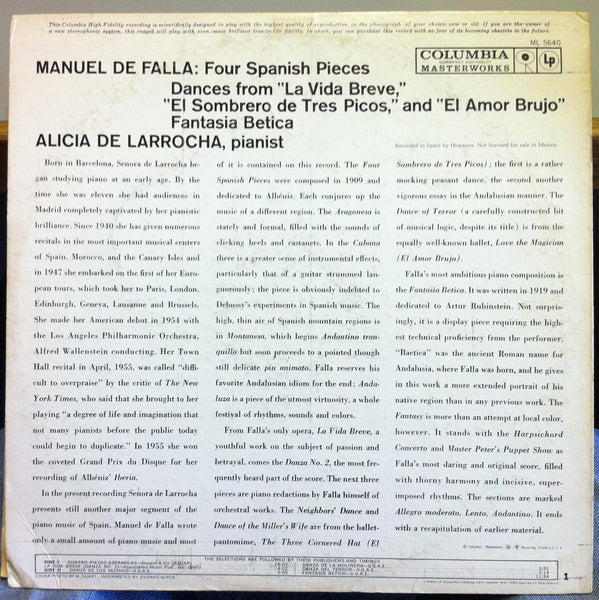 ALICIA DE LARROCHA de falla four spanish pieces LP Mint- ML 5640 Mono 1961 CBS - Shuga Records