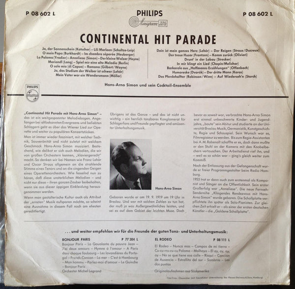 Hans Arno Simon - Continental Hit Parade LP VG+ German P 08 - Shuga Records