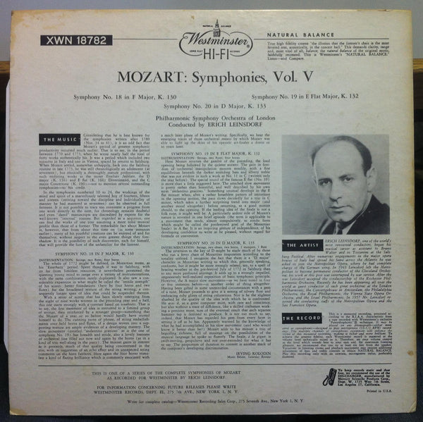 Erich Leinsdorf - Mozart Symphony No 18,19,20 LP VG+ XWN 18782 Wesminster 50s - Shuga Records