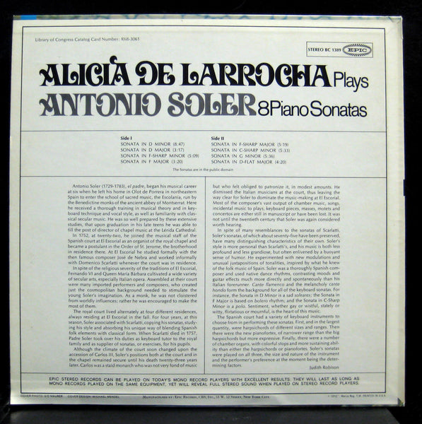 Alicia De Larrocha - Soler 8 Piano Sonatas LP VG+ BC 1389 Stereo 1968 USA Epic - Shuga Records