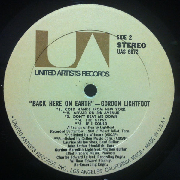GORDON LIGHTFOOT back here on earth LP VG+ UAS 6672 Stereo 1968 USA Original - Shuga Records