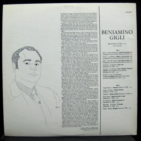 BENIAMINO GIGLI s/t LP Mint- LM 2337 Mono RCA SD USA 1s/1s Vinyl 1960 Record - Shuga Records