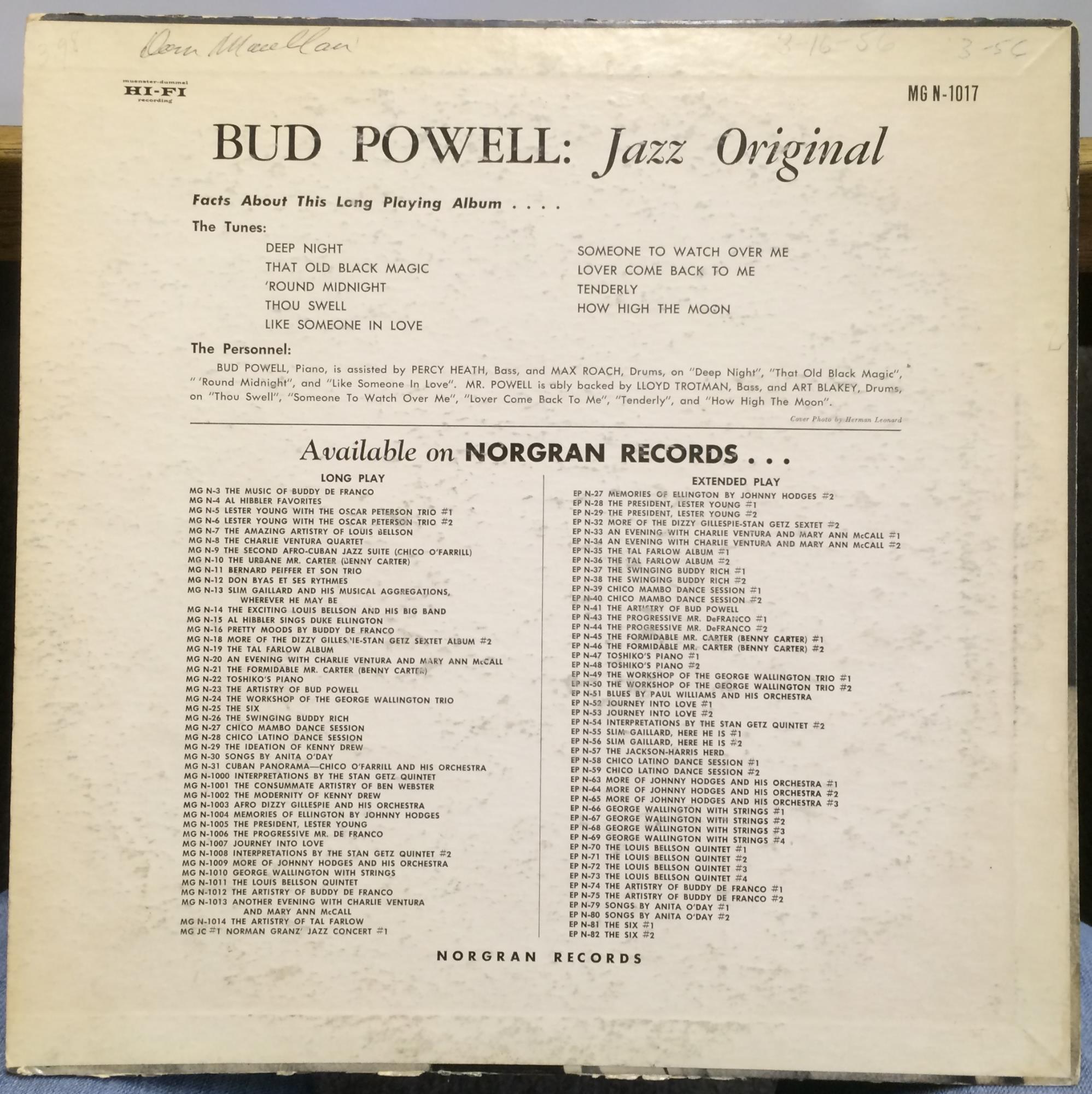 Bud Powell – Jazz Original - VG+ (VG cover) LP Record 1955 Norgran