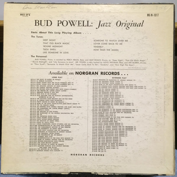 Bud Powell – Jazz Original - VG+ (VG cover) LP Record 1955 Norgran USA Mono Vinyl - Jazz / Bop - Shuga Records
