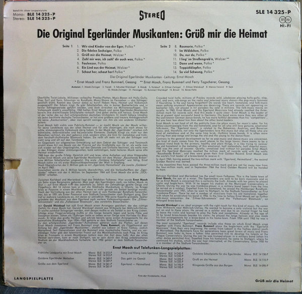 ERNST MOSCH gruss mir heimat die original ererland musikanten LP VG+ BLE 14325 - Shuga Records