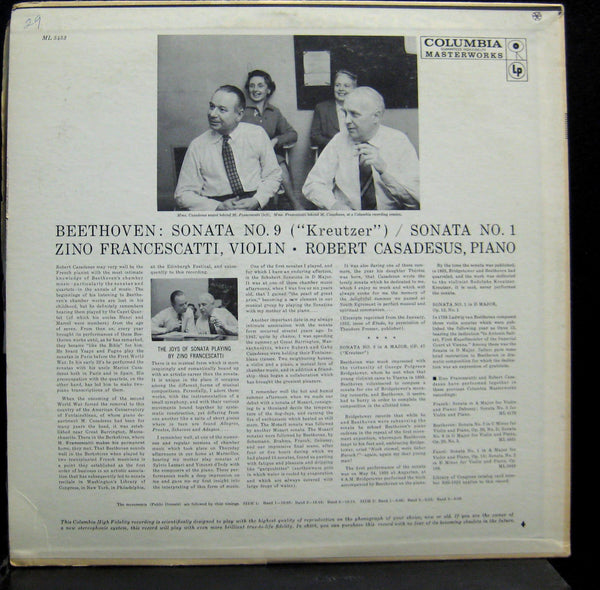 FRANCESCATTI CASADESUS beethoven sonata no. 9 & 1 LP VG+ ML 5453 6 Eye Vinyl - Shuga Records
