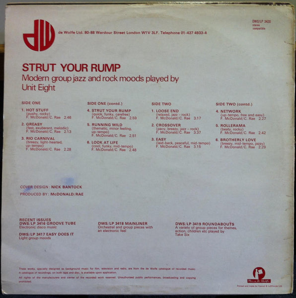 Unit Eight - Strut Your Rump - VG+ LP Record 1980 Music De Wolfe UK Vinyl - Jazz-Funk / Disco / Funk - Shuga Records