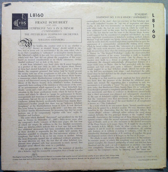William Steinberg - Schubert Symphony No 8 Unfinished 10" VG L-8160 Vinyl Record - Shuga Records