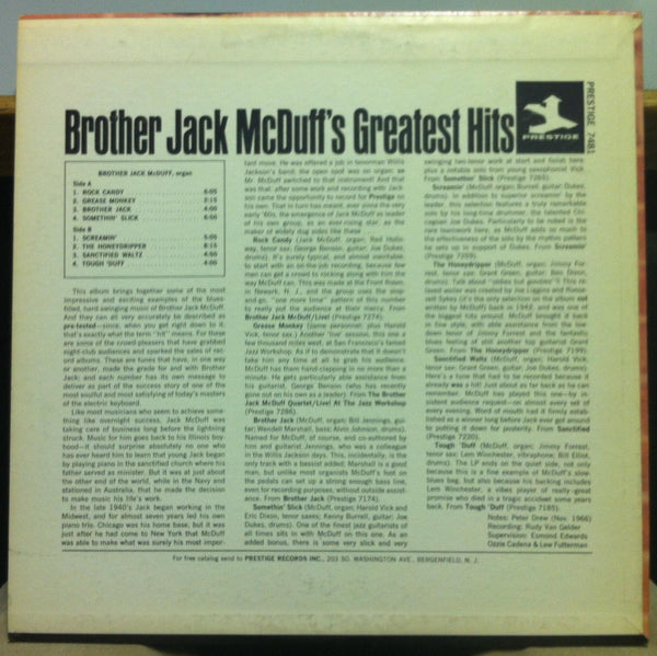 Brother Jack Mcduff - Greatest Hits - VG+ LP Record 1966 Prestige USA Mono Vinyl - Jazz / Soul-Jazz / Bop - Shuga Records