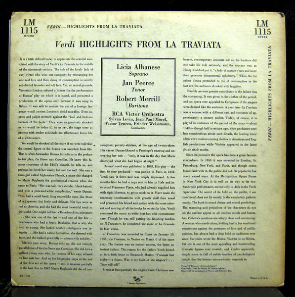 Albanese / Merrill / Peerce - Verdi La Traviata Highlights LP VG+ LM 1115 Mono - Shuga Records