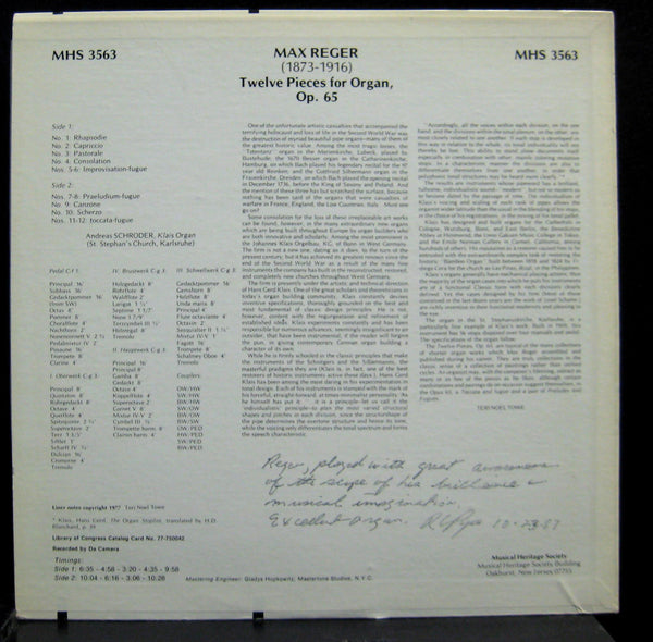 Andreas Schroder - Reger Twelve Pieces For Organ LP Mint- MHS 3563 Vinyl Record - Shuga Records