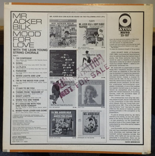 Mr Acker Bilk - Mood For Love LP VG+ ATCO 33-197 Promo Mono 1966 Rivoli Roth - Shuga Records