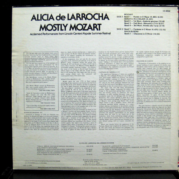 ALICIA DE LARROCHA mostly mozart LP VG+ CS 6866 FFrr Stereo 1974 Holland - Shuga Records