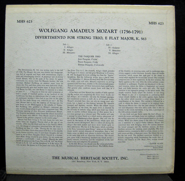 PASQUIER TRIO mozart divertimento for string LP Mint- MHS 623S Stereo Vinyl - Shuga Records