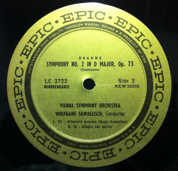 Wolfgang Sawallisch B- rahms Symphony No. 2 LP VG+ Lc 3722 Epic Mono Record - Shuga Records