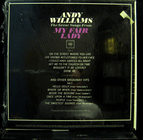 ANDY WILLIAMS  great songs from my fair lady LP Mint- CL 2205 2 Eye Vinyl - Shuga Records