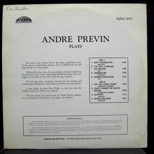 Andre Previn - Plays LP VG+ Sl 1074 Mono Vinyl 1962 Strand Jazz Record - Shuga Records