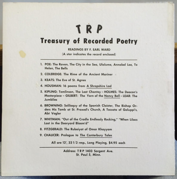 F Earl Ward - Housman 16 Poems From A Shropshire Lad LP Mint- Private Poetry 1st - Shuga Records